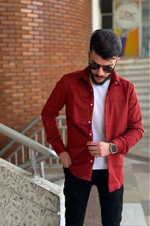 Slimfit Kesim Erkek Duz Desen Süet Gömlek-BORDO