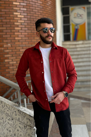 Slimfit Kesim Erkek Duz Desen Süet Gömlek-BORDO