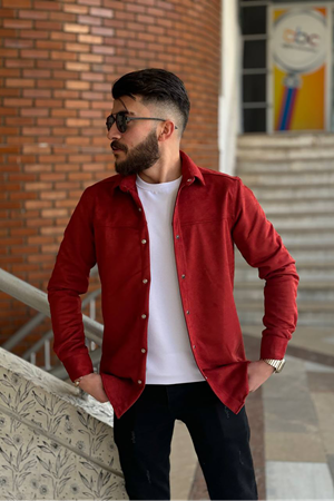 Slimfit Kesim Erkek Duz Desen Süet Gömlek-BORDO