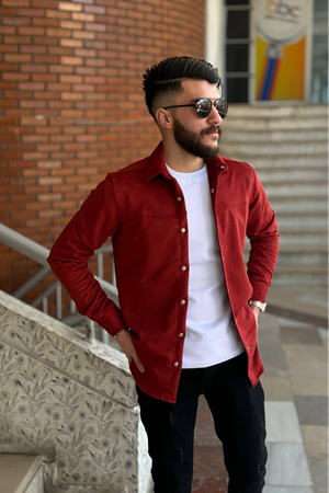 Slimfit Kesim Erkek Duz Desen Süet Gömlek-BORDO