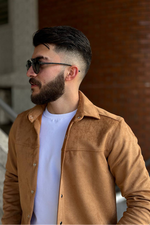 Slimfit Kesim Erkek Duz Desen Süet Gömlek-VİZON