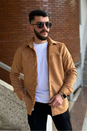 Slimfit Kesim Erkek Duz Desen Süet Gömlek-VİZON