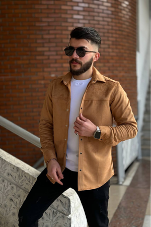Slimfit Kesim Erkek Duz Desen Süet Gömlek-VİZON