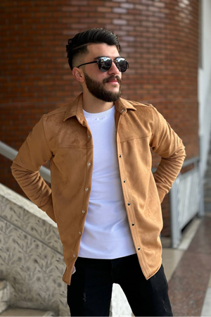 Slimfit Kesim Erkek Duz Desen Süet Gömlek-VİZON