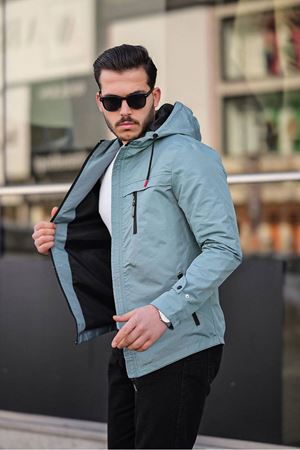 Slimfit Kesim Duz Desen Mevsimlik Kapşonlu Mont-SU YESİLİ