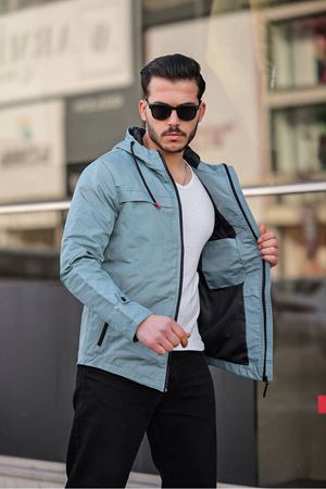 Slimfit Kesim Duz Desen Mevsimlik Kapşonlu Mont-SU YESİLİ