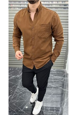 Slimfit Kesim Erkek Tek Cepli Gabardin Gomlek-KAHVE