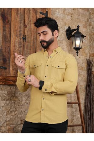 Slimfit Kesim Erkek Gabardin Kumas Çift Cepli Gömlek-LİMON