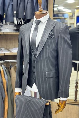 Slimfit Kesim Erkek Cizgili Yelekli Takim Elbise-SİYAH