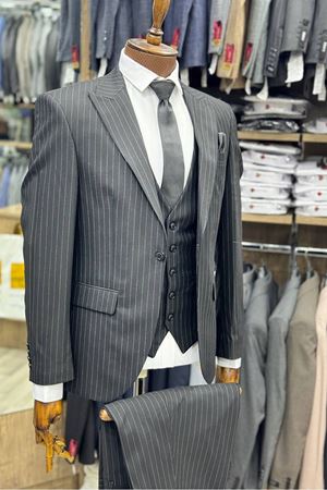 Slimfit Kesim Erkek Cizgili Yelekli Takim Elbise-SİYAH