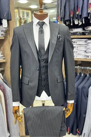 Slimfit Kesim Erkek Cizgili Yelekli Takim Elbise-SİYAH