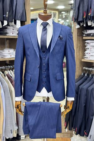 Slimfit Kesim Erkek Cizgili Yelekli Takim Elbise-LACİVERT