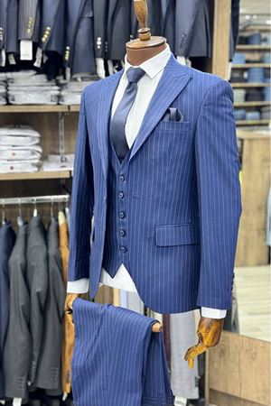 Slimfit Kesim Erkek Cizgili Yelekli Takim Elbise-LACİVERT