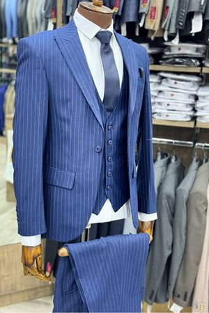 Slimfit Kesim Erkek Cizgili Yelekli Takim Elbise-LACİVERT