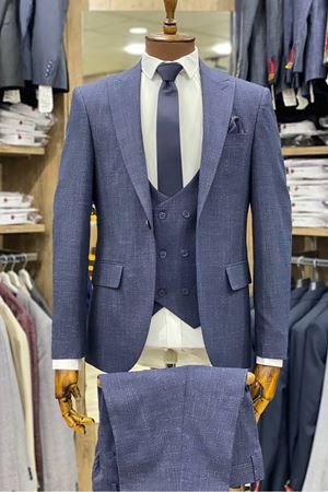 Slimfit Kesim Desenli Erkek Yelekli Takim Elbise-LACİVERT