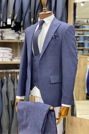 Slimfit Kesim Desenli Erkek Yelekli Takim Elbise-LACİVERT