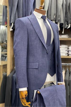 Slimfit Kesim Desenli Erkek Yelekli Takim Elbise-LACİVERT