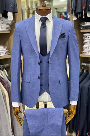 Slimfit Kesim Desenli Erkek Yelekli Takim Elbise-MAVİ