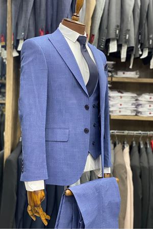 Slimfit Kesim Desenli Erkek Yelekli Takim Elbise-MAVİ