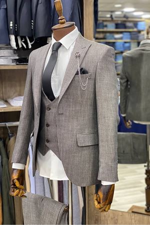 Slimfit Kesim Desenli Erkek Yelekli Takim Elbise-KREM