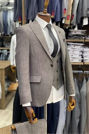 Slimfit Kesim Desenli Erkek Yelekli Takim Elbise-KREM