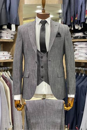 Slimfit Kesim Desenli Erkek Yelekli Takim Elbise-DUMAN