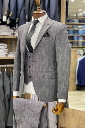 Slimfit Kesim Desenli Erkek Yelekli Takim Elbise-DUMAN