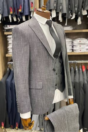 Slimfit Kesim Desenli Erkek Yelekli Takim Elbise-DUMAN