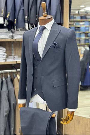 Slimfit Kesim Armur Desen Erkek Yelekli Takim Elbise-LACİVERT