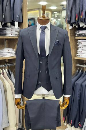 Slimfit Kesim Armur Desen Erkek Yelekli Takim Elbise-LACİVERT