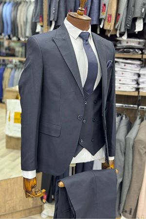 Slimfit Kesim Armur Desen Erkek Yelekli Takim Elbise-LACİVERT