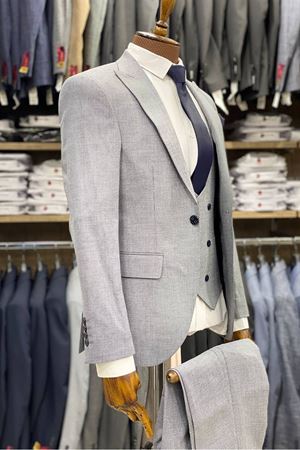 Slimfit Kesim Armur Desen Erkek Yelekli Takim Elbise-BUZ MAVİSİ