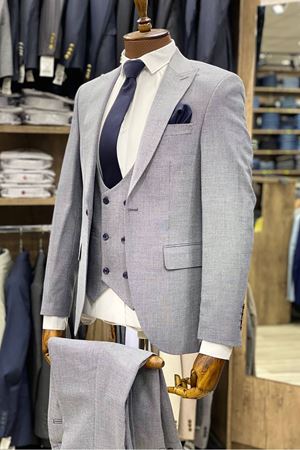 Slimfit Kesim Armur Desen Erkek Yelekli Takim Elbise-BUZ MAVİSİ