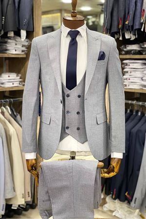 Slimfit Kesim Armur Desen Erkek Yelekli Takim Elbise-BUZ MAVİSİ