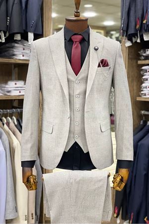 Slimfit Kesim Armur Desen Erkek Yelekli Takim Elbise-TAS