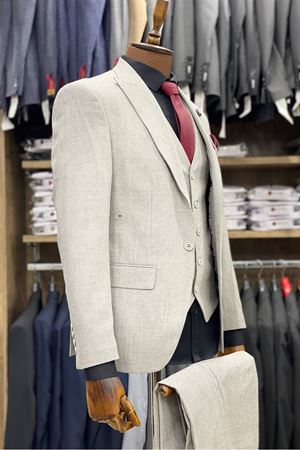 Slimfit Kesim Armur Desen Erkek Yelekli Takim Elbise-TAS