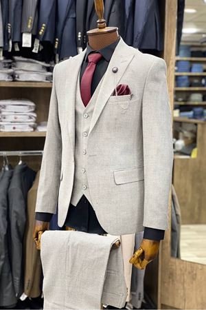 Slimfit Kesim Armur Desen Erkek Yelekli Takim Elbise-TAS