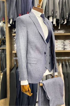 Slimfit Kesim Armur Desen Erkek Yelekli Takim Elbise-INDIGO