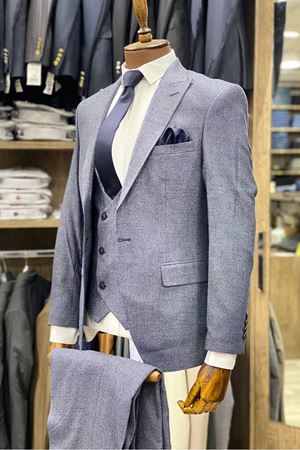 Slimfit Kesim Armur Desen Erkek Yelekli Takim Elbise-INDIGO