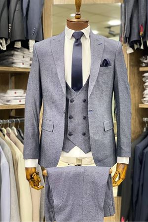 Slimfit Kesim Armur Desen Erkek Yelekli Takim Elbise-INDIGO