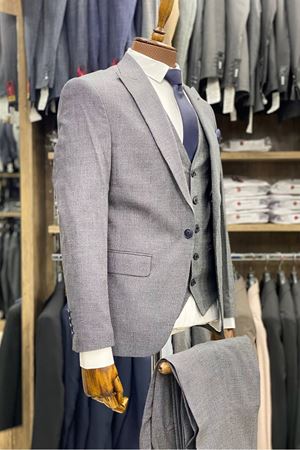 Slimfit Kesim Armur Desen Erkek Yelekli Takim Elbise-KÜL