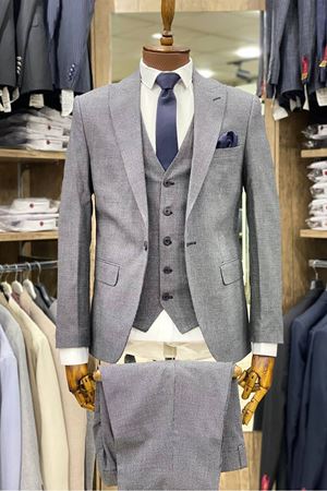 Slimfit Kesim Armur Desen Erkek Yelekli Takim Elbise-KÜL