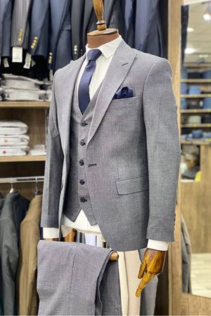 Slimfit Kesim Armur Desen Erkek Yelekli Takim Elbise-KÜL