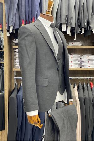 Slimfit Kesim Armur Desen Erkek Yelekli Takim Elbise-ANTRASİT
