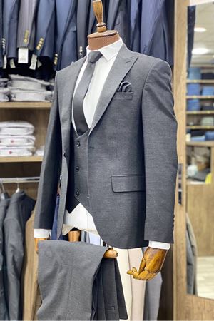 Slimfit Kesim Armur Desen Erkek Yelekli Takim Elbise-ANTRASİT