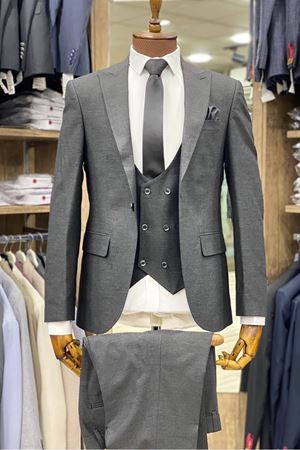 Slimfit Kesim Armur Desen Erkek Yelekli Takim Elbise-ANTRASİT