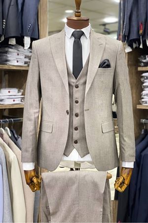 Slimfit Kesim Armur Desen Erkek Yelekli Takim Elbise-BEJ