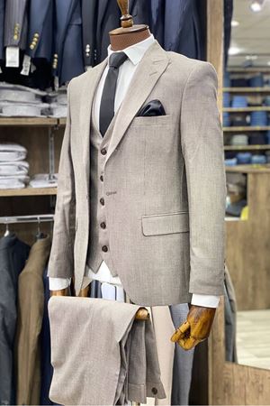 Slimfit Kesim Armur Desen Erkek Yelekli Takim Elbise-BEJ