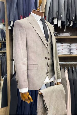 Slimfit Kesim Armur Desen Erkek Yelekli Takim Elbise-BEJ