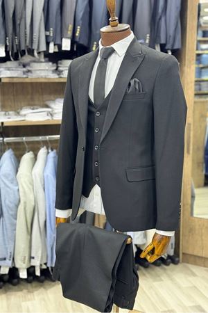 Slimfit Kesim Erkek Armur Desen Yelekli Takım Elbise-SİYAH
